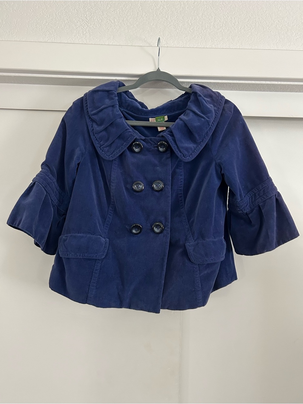 Women’s Royal Blue Velvet Ruffle Collar Double-Breasted 3/4 Sleeve  Jacket